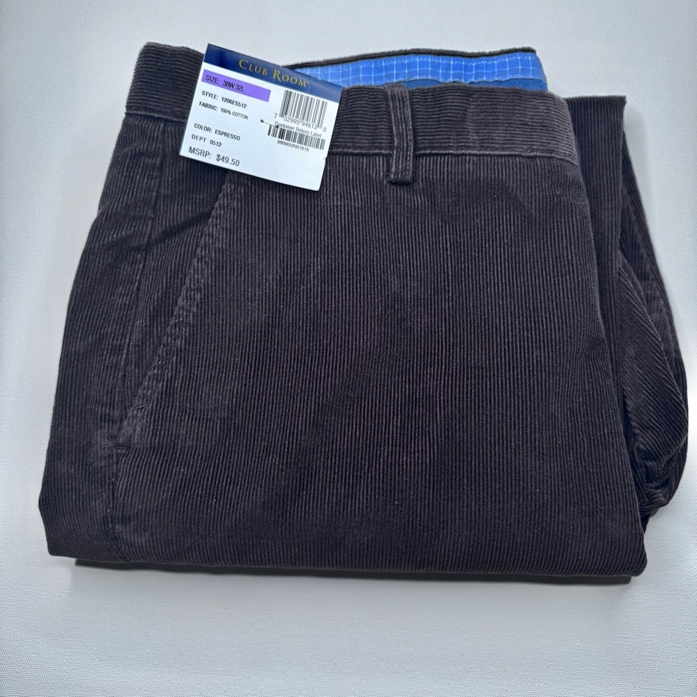 Means Club Room Brown Corduroy Pants Nwt ESPRESSO 38W 32L